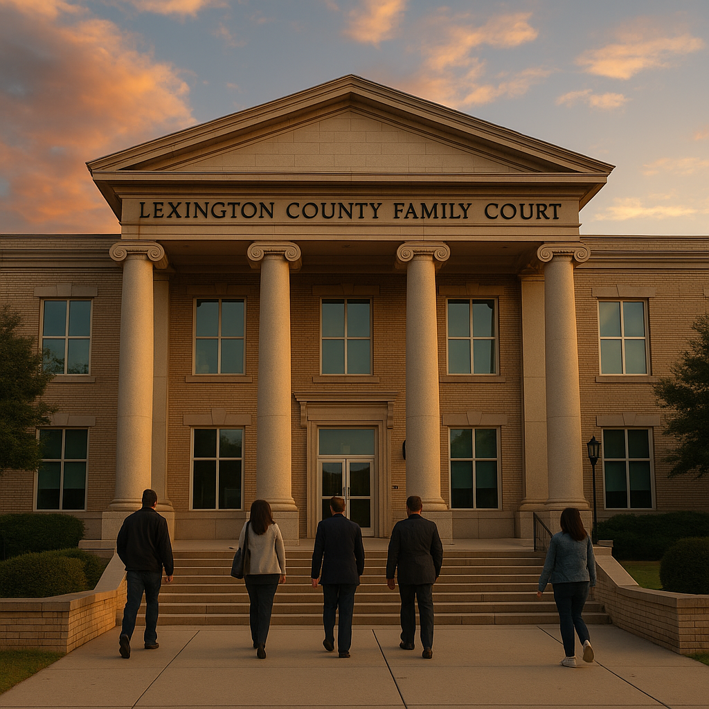 People walk up the steps of the Lexington County Family Court at sunrise, symbolizing the first step in the South Carolina divorce process.